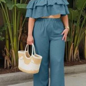 2pcs/Set Women Shoulder Top & Wide Leg Pants Set